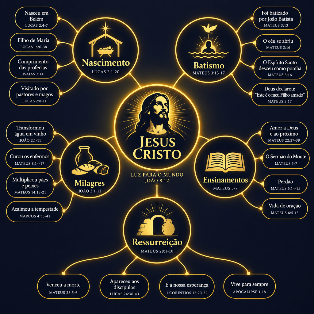 Exemplo de mapa mental bíblico sobre Jesus Cristo, com ramificações sobre Nascimento, Batismo, Milagres, Ensinamentos e Ressurreição